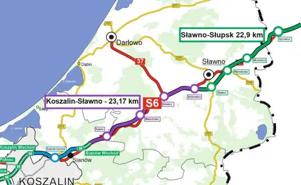 Mapa przedstawia fragment obwodnicy Koszalina i drogi S6, łączącej Koszalin ze Sławnem i dalej ze Słupskiem.