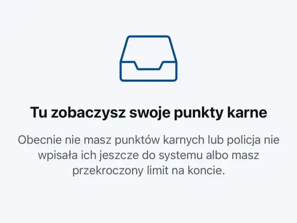 Ikona folderu i tekst: "Tu zobaczysz swoje punkty karne". Obecnie nie masz punktów karnych lub policja nie wpisała ich jeszcze do systemu.