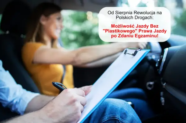 Kobieta za kierownicą, instruktor notuje. Od Sierpnia możliwość jazdy bez egzaminu na prawo jazdy!