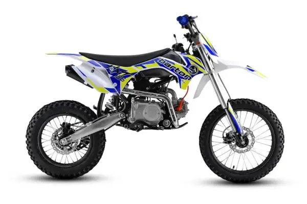 Barton 125, idealny motor na prawo jazdy B, z jaskrawymi grafikami w kolorach żółtym i niebieskim.
